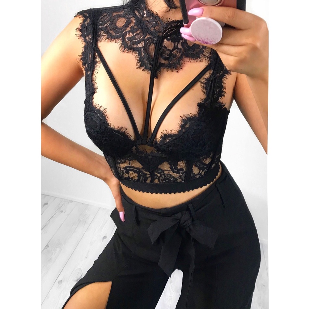 Black sexy lace bustier crop top